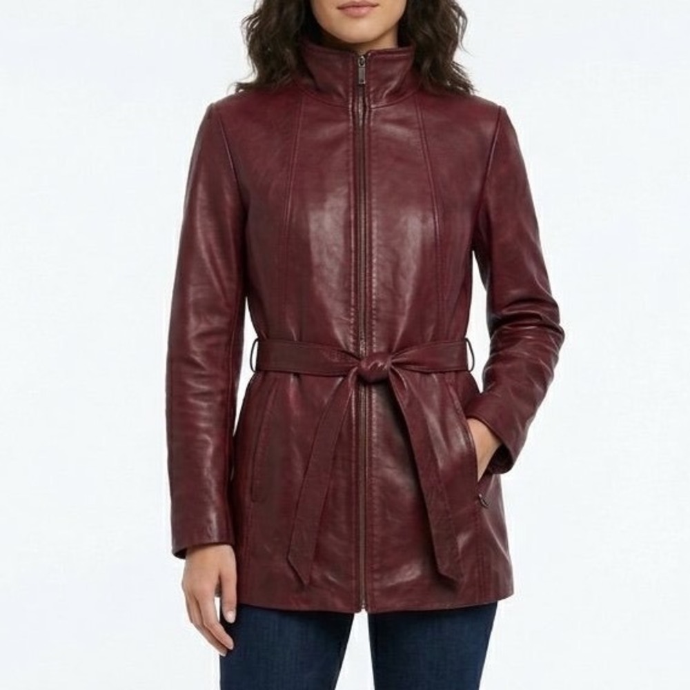 Colebrook Essentials Womens Burgundy Leather Jacket Belted Funnel Neck Zip Small